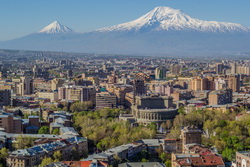 Mount Ararat and the Yerevan skyline. The Opera house is visible in the center.