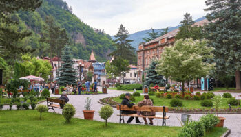 Borjomi — a famous spa town known for its mineral water springs, lush nature, and therapeutic climate.