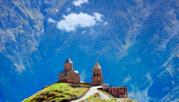 Gergeti Sameba — a 14th-century hilltop church near Kazbegi, iconic for its stunning setting and spiritual significance.